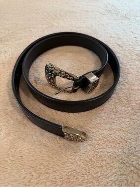 Women’s Black Leather Belt with Ornate Silver Buckle 37” long
